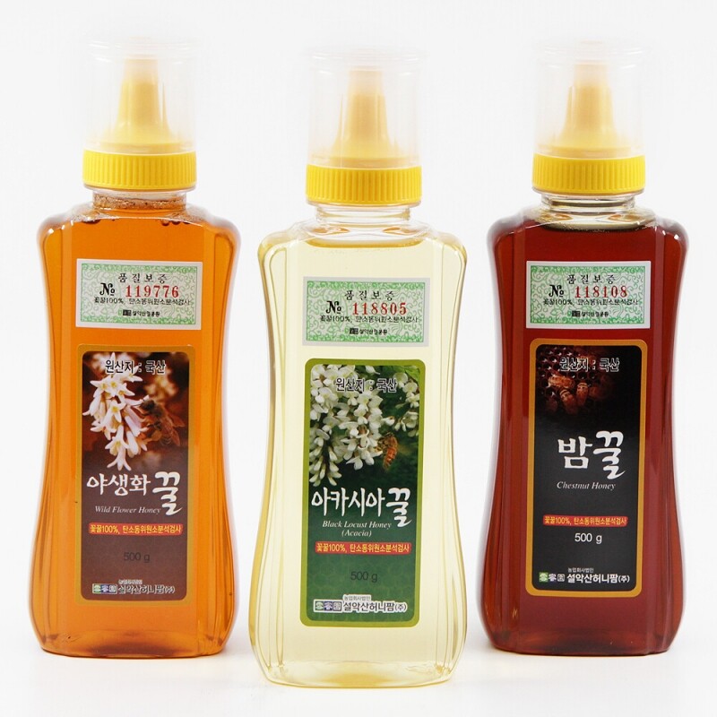 강원더몰,[꽃꿀100%] 튜브꿀 세트 (500g x 3개) 아카시아꿀 야생화꿀 밤꿀