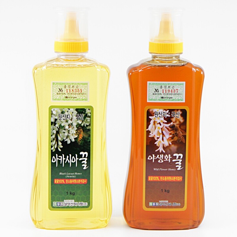 강원더몰,설악산허니팜 튜브꿀 2종세트(1kg x 2개) 아카시아꿀+야생화꿀