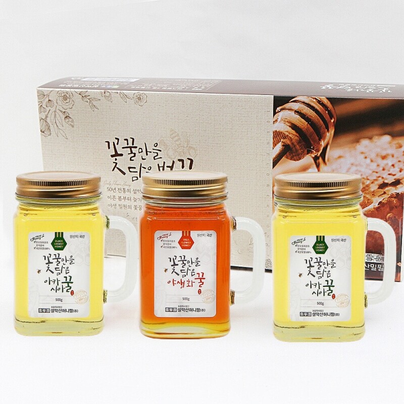 양양몰,설악산허니팜 머그벌꿀 선물세트(아카시아꿀 x2, 야생화꿀 x1 각 500g)