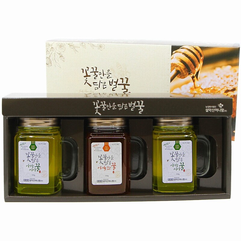 강원더몰,설악산허니팜 머그벌꿀 선물세트(아카시아꿀x2 + 야생화꿀x1 각 500g)