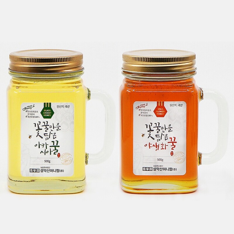 강원더몰,설악산허니팜 머그벌꿀2종세트 (아카시아꿀 500g + 야생화꿀 500g)