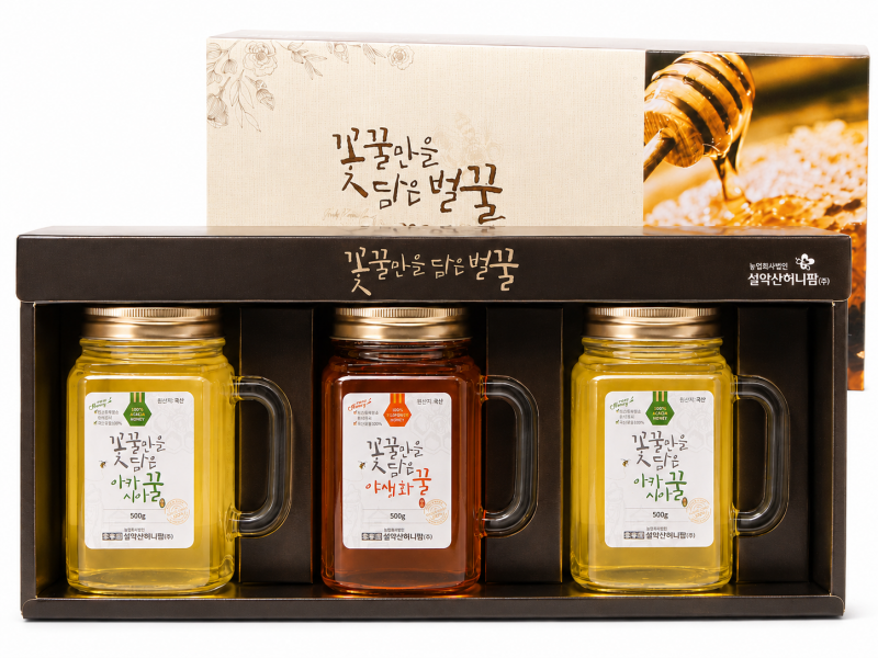 강원더몰,설악산허니팜 머그벌꿀 선물세트(아카시아꿀x2 + 야생화꿀x1 각 500g)